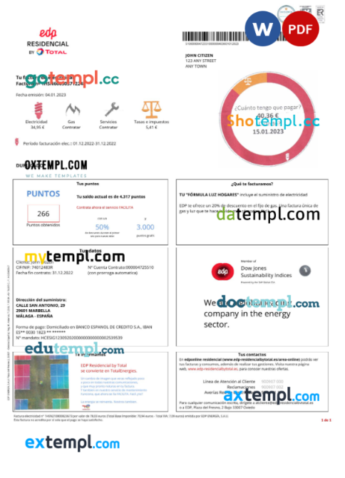 Spain EDP utility bill Word and PDF template