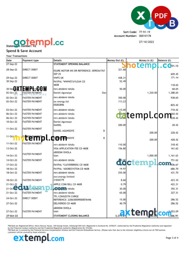United Kingdom TBS bank statement Excel and PDF template, 4 pages