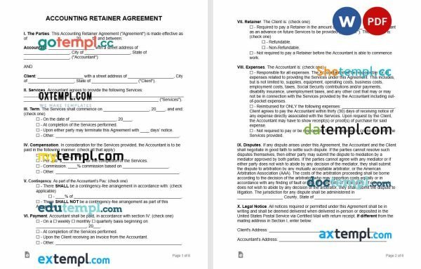 free accounting retainer agreement template, Word and PDF format