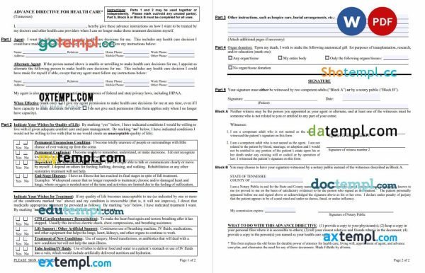 free advance directive for health care template, Word and PDF format