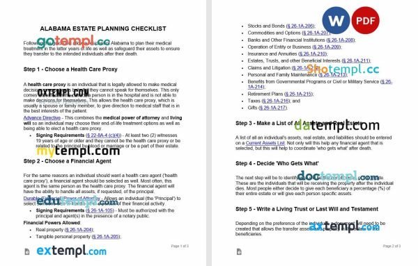 free alabama estate planning checklist template, Word and PDF format