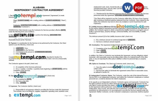 free alabama independent contractor agreement template, Word and PDF format