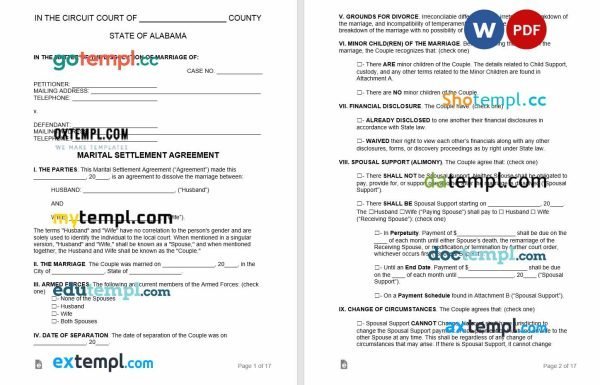 free alabama marital settlement agreement template, Word and PDF format