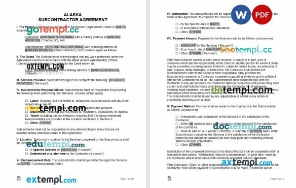 free alaska subcontractor agreement template, Word and PDF format