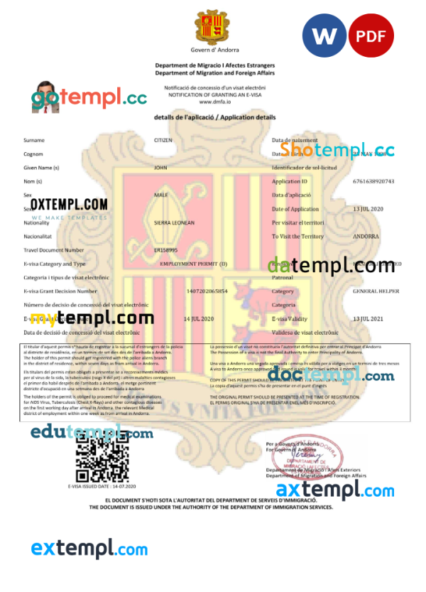 Andorra e-visa Word and PDF template, fully editable