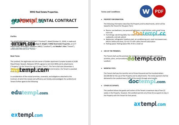 free apartment rental contract template in Word and PDF format