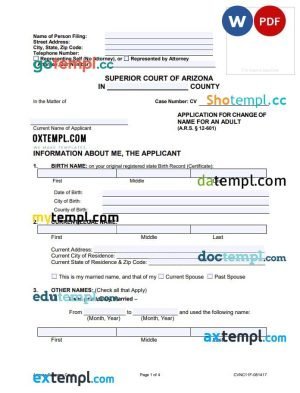 free arizona application for change of name for an adult template, Word and PDF format