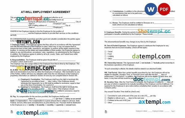 free at will employment contract template, Word and PDF format
