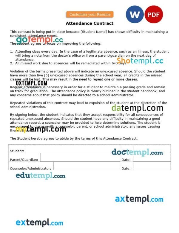 free attendance contract template, Word and PDF format