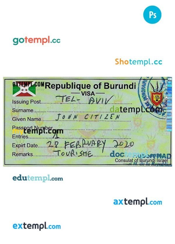 Burundi entry visa PSD template, with fonts