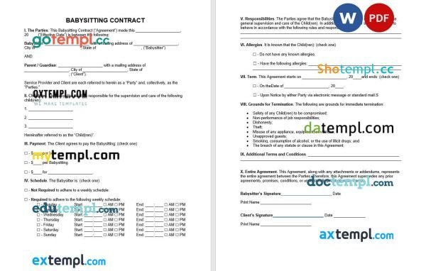 free babysitting contract template, Word and PDF format