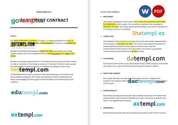 free bank investment contract template, Word and PDF format