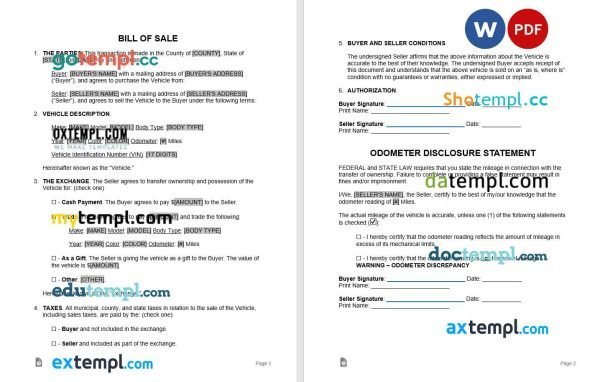 free bill of sale template in Word and PDF format