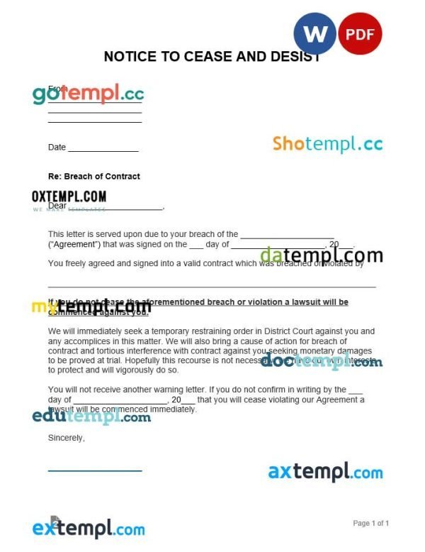 free breach of contract cease and desist letter template in Word and PDF format