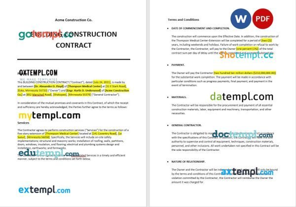 free building construction contract template in Word and PDF format
