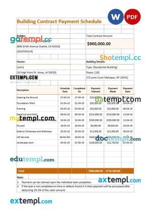 free building contract payment schedule template in Word and PDF format