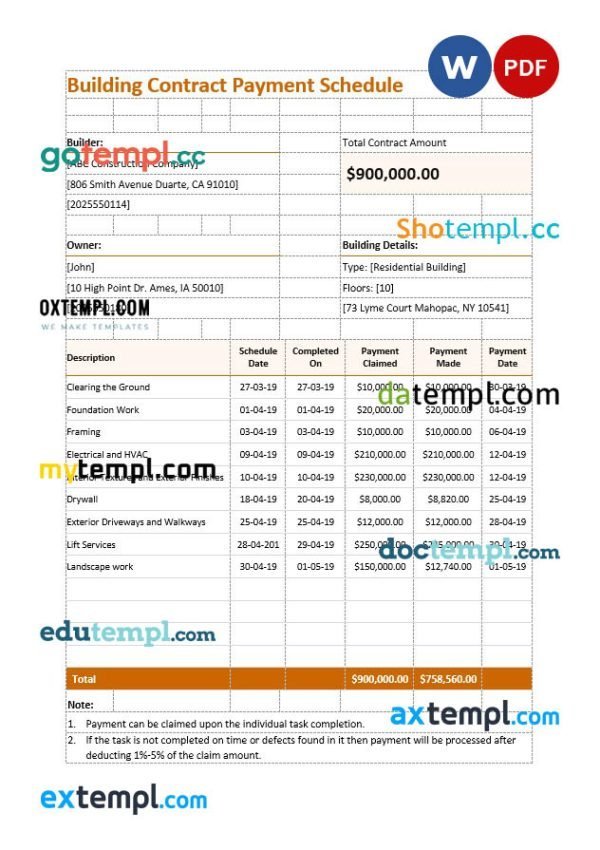 free building contract payment schedule template in Word and PDF format