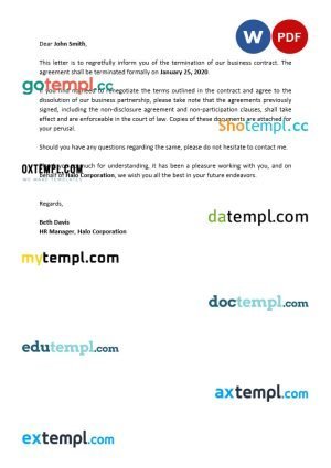 free business contract termination letter template, Word and PDF format