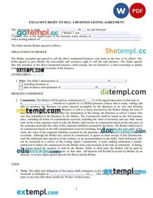 free business entity listing agreement template, Word and PDF format
