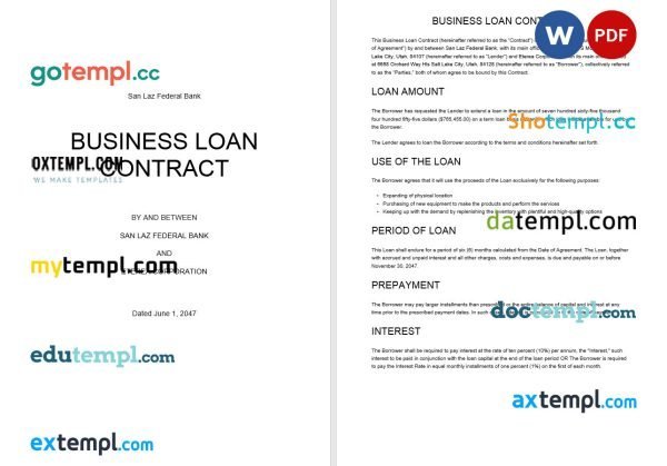 free business loan contract template in Word and PDF format