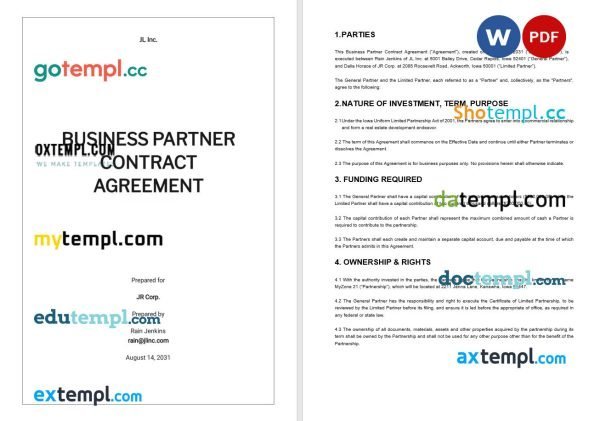 free business partner contract agreement template in Word and PDF format