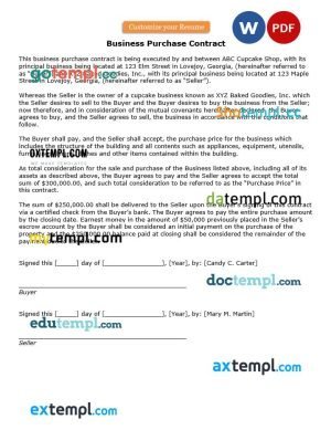 free business purchase contract template, Word and PDF format