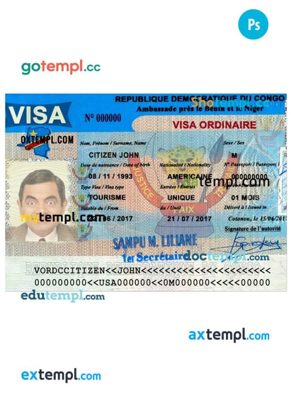 Congo tourist visa PSD template, with fonts