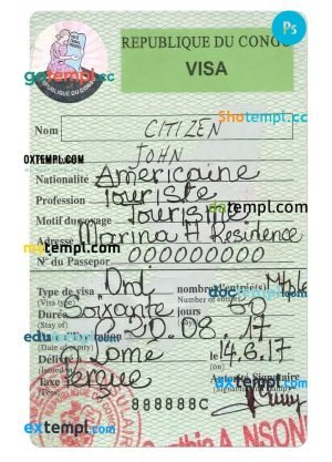 Congo travel visa PSD template, with fonts