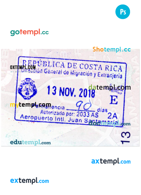 Costa Rica visa stamp PSD template