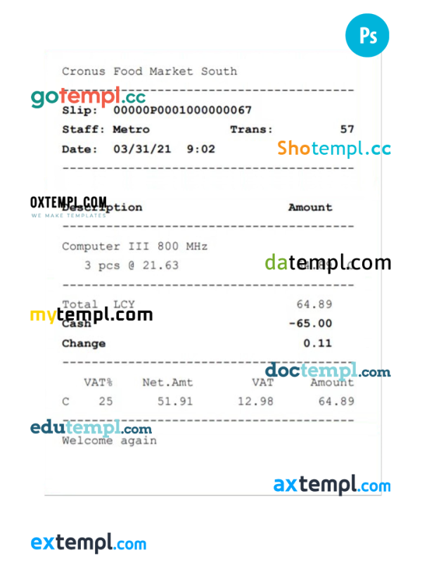 CRONUS FOOD MARKET receipt PSD template