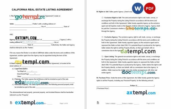 free california real estate listing agreement template, Word and PDF format