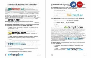 free california subcontractor agreement template, Word and PDF format