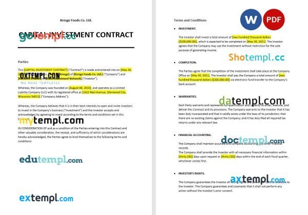 free capital investment contract template, Word and PDF format