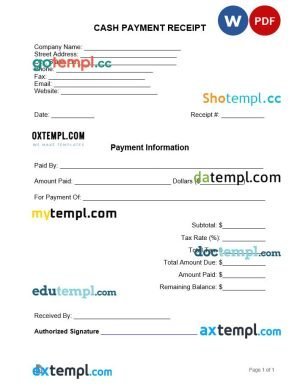 free cash payment receipt template, Word and PDF format