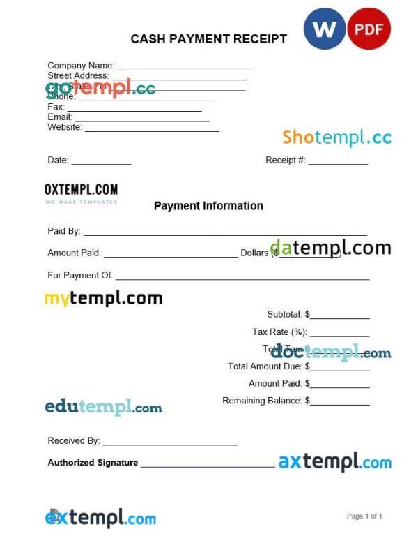 free cash payment receipt template, Word and PDF format