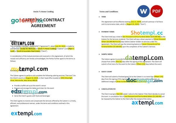 free catering contract agreement template in Word and PDF format