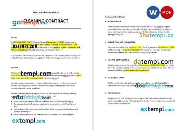 free cleaning contract template, Word and PDF format