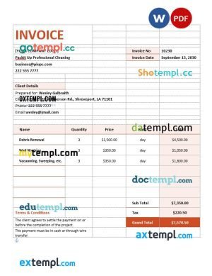 free cleaning services contract agreement Invoice, template in Word and PDF format
