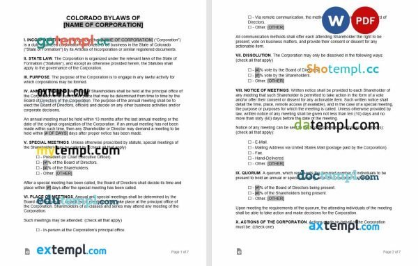 free colorado corporate bylaws template, Word and PDF format