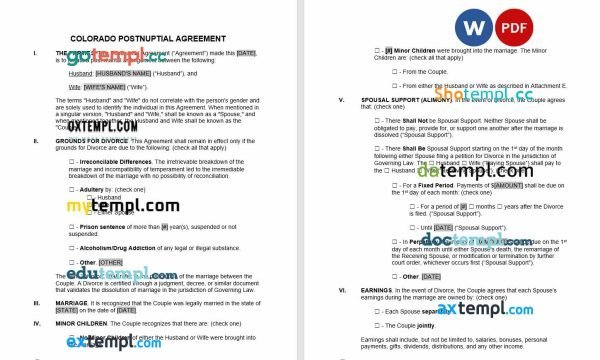 free colorado postnuptial agreement template, Word and PDF format
