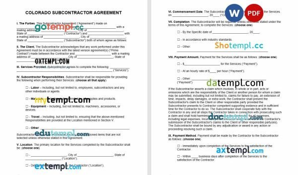 free colorado subcontractor agreement template, Word and PDF format