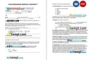 free commercial photographer service contract template in Word and PDF format