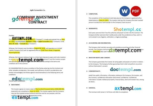 free company investment contract template in Word and PDF format