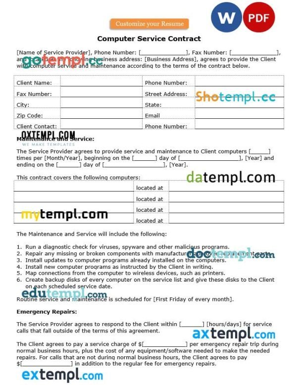 free computer service contract template, Word and PDF format