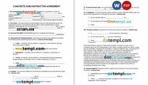 free concrete subcontractor agreement template, Word and PDF format