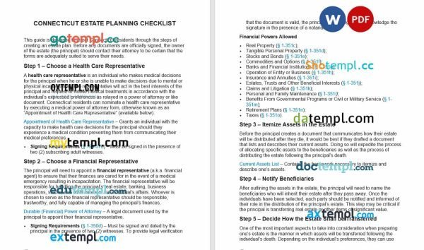 free connecticut estate planning checklist template, Word and PDF format