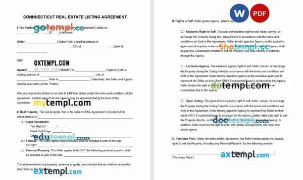 free connecticut real estate listing agreement template, Word and PDF format