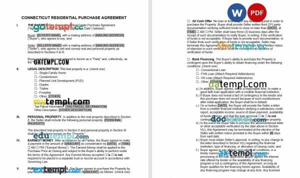 free connecticut residential real estate purchase agreement template, Word and PDF format