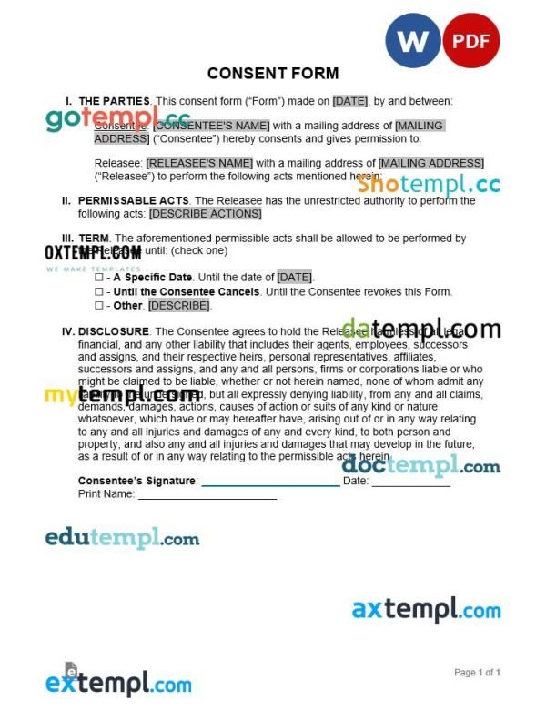 free consent form template, Word and PDF format