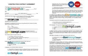 free construction agreement template, Word and PDF format